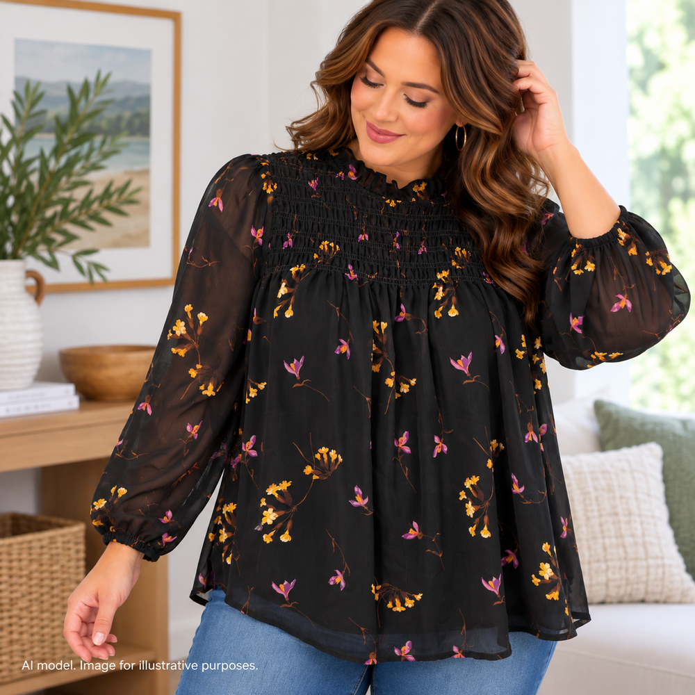Madewell Shirt Womens Large Black Floral Smocked Shirred Prairie Country Boho